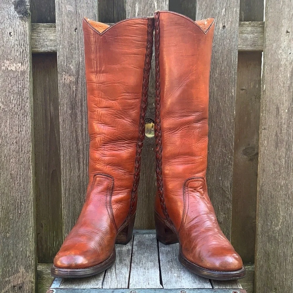 FRYE True Vintage Black Label Tall Knee High Braided Campus Brown Boots Size 7 - Picture 8 of 12